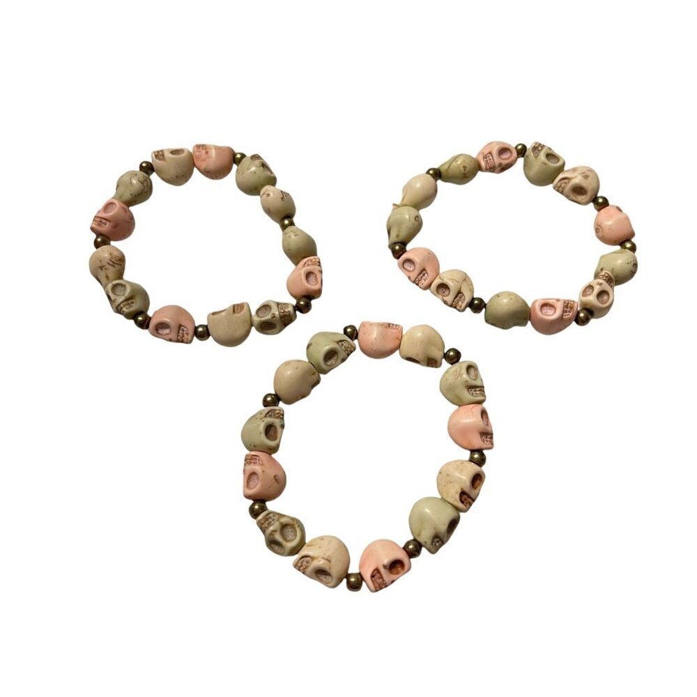 Pink Green Tan Gold Skull Beads Elastic Band 3 Piece Costume Bracelets